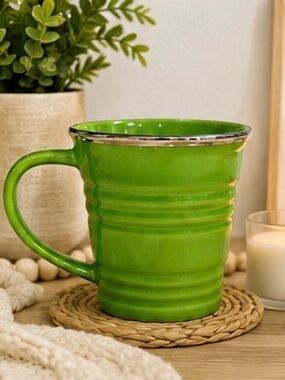 Starbucks 2007 Green Sand Pail Ribbed Mug 14 oz Silver Rim Collectible